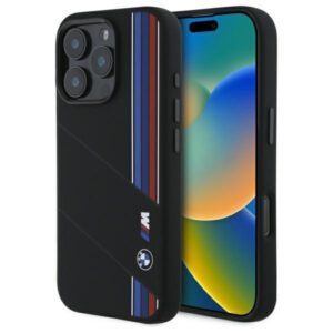 BMW BMHMP16L23SCUK Silicone Cut Tricolor Lines MagSafe-kompatibilis keménytok iPhone 16 Pro - fekete