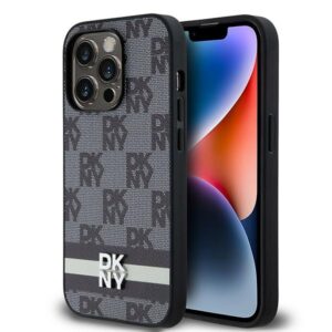 DKNY DKHCP14LPCPTSSK Leather Checkered Mono Pattern & Printed Stripes tok iPhone 14 Pro - fekete