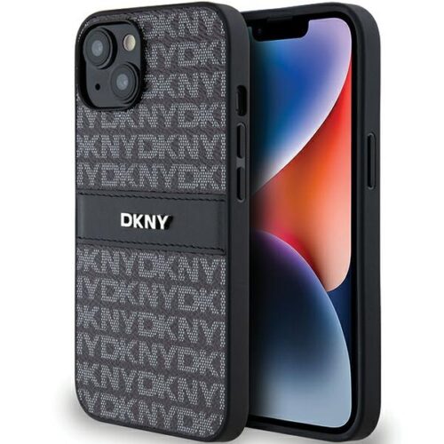 DKNY DKHCP14SPRTHSLK Leather Mono Stripe & Metal Logo tok iPhone 14 - fekete
