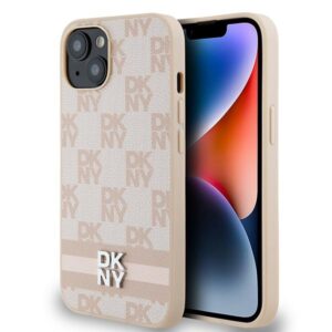 DKNY DKHCP15SPCPTSSP Leather Checkered Mono Pattern & Printed Stripes tok iPhone 15 - rózsaszín
