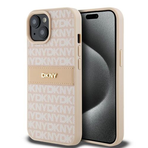 DKNY DKHCP15SPRTHSLP Leather Mono Stripe & Metal Logo tok iPhone 15 - rózsaszín