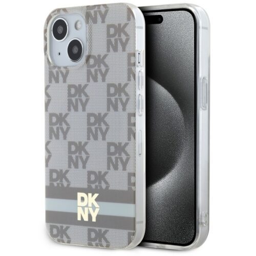 DKNY DKHMP15SHCPTSE IML Checkered Mono Pattern & Printed Stripes MagSafe-kompatibilis tok iPhone 15 - bézs