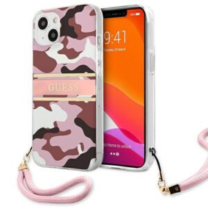 Guess GUHCP13MKCABPI iPhone 13 6.1" rózsaszín keménytok terepszínű pánttal
