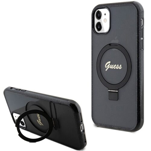 Guess GUHMN61HRSGSK iPhone 11 6.1" fekete kemény tok Ring Stand Script Glitter MagSafe