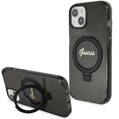 Guess GUHMP13MHRSGSK iPhone 13 6.1" fekete kemény tok Ring Stand Script Glitter MagSafe