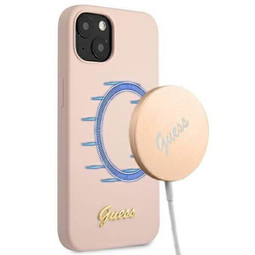 Guess GUHMP13MLSLMGLP iPhone 13 6.1" világos rózsaszín keménytok Szilikon Script arany logó Magsafe
