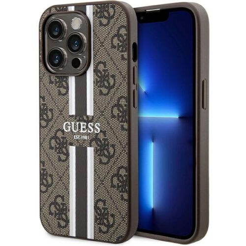 Guess GUHMP15LP4RPSW iPhone 15 Pro 6.1" barna keménytok 4G nyomtatott csíkokkal MagSafe