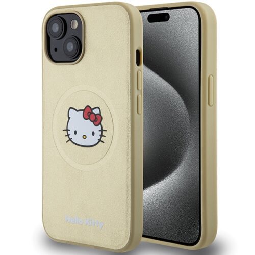 Hello Kitty HKHMP15SPGHCKD iPhone 15 6.1" arany keménytok bőr Kitty Head MagSafe