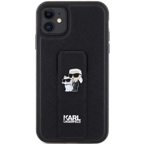 Karl Lagerfeld KLHCN61GSAKCPK iPhone 11 6.1" fekete keménytok Gripstand Saffiano Karl&Choupette kitűző - Image 2
