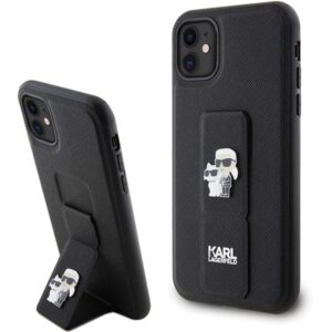 Karl Lagerfeld KLHCN61GSAKCPK iPhone 11 6.1" fekete keménytok Gripstand Saffiano Karl&Choupette kitűző