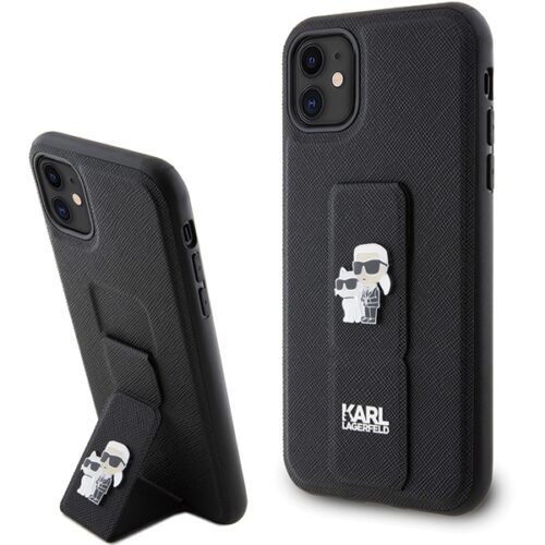 Karl Lagerfeld KLHCN61GSAKCPK iPhone 11 6.1" fekete keménytok Gripstand Saffiano Karl&Choupette kitűző