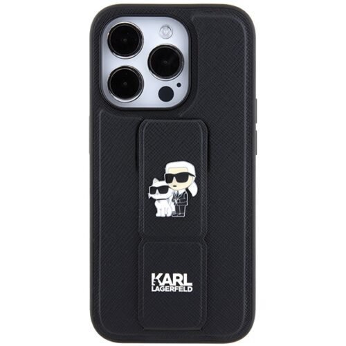 Karl Lagerfeld KLHCP14LGSAKCPK iPhone 14 Pro 6.1" fekete keménytok Gripstand Saffiano Karl&Choupette kitűzők - Image 2