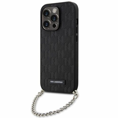 Karl Lagerfeld KLHCP14LSACKLHPK iPhone 14 Pro 6.1" fekete keménytok Saffiano monogramos lánccal