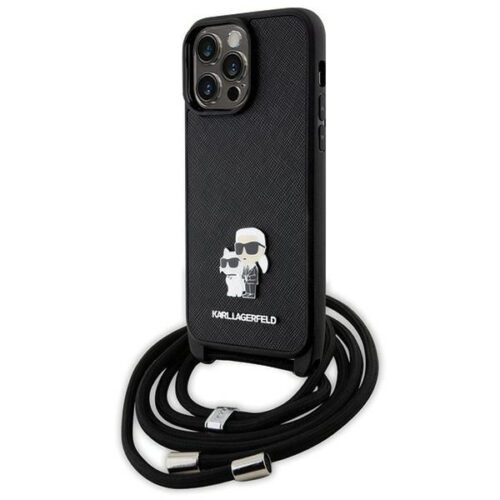 Karl Lagerfeld KLHCP14XSAKCPSK iPhone 14 Pro Max 6.7" keménytok fekete Crossbody Saffiano Metal Pin Karl & Choupette