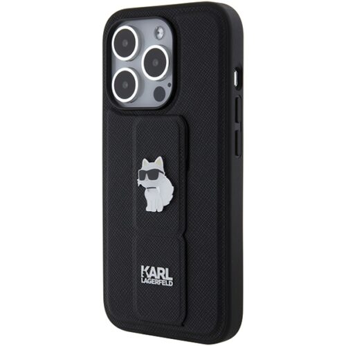 Karl Lagerfeld KLHCP15LGSACHPK iPhone 15 Pro 6.1" fekete keménytok Gripstand Saffiano Choupette kitűző - Image 2
