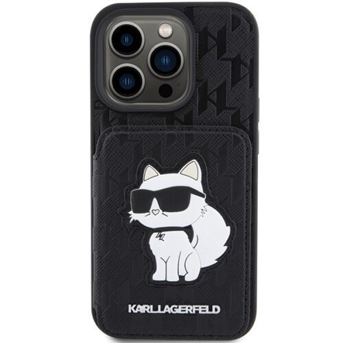 Karl Lagerfeld KLHCP15LSAKCNSCK iPhone 15 Pro 6.1" fekete keménytok Saffiano kártyatartóvalek és állvány Monogram Choupette - Image 2