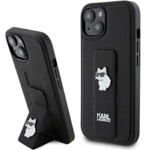 Karl Lagerfeld KLHCP15SGSACHPK iPhone 15 6.1" fekete keménytok Gripstand Saffiano Choupette kitűzős