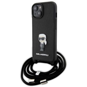 Karl Lagerfeld KLHCP15SSASKNPSK iPhone 15 6.1" keménytok fekete Crossbody Saffiano Monogram Metal Pin Karl & Choupette