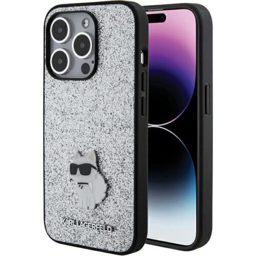 Karl Lagerfeld KLHCP15XGCNPSG iPhone 15 Pro Max 6.7" ezüst keménytok Fix Glitter Choupette Logo fém kitűző