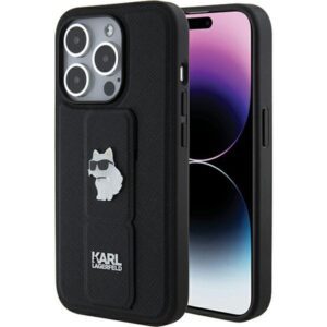 Karl Lagerfeld KLHCP15XGSACHPK iPhone 15 Pro Max 6.7" fekete keménytok Gripstand Saffiano Choupette kitűző