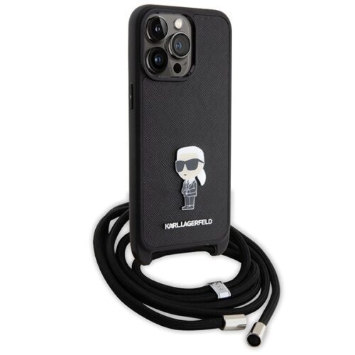 Karl Lagerfeld KLHCP15XSASKNPSK iPhone 15 Pro Max 6.7" keménytok fekete Crossbody Saffiano Monogram fém kitűző Karl & Choupette - Image 2