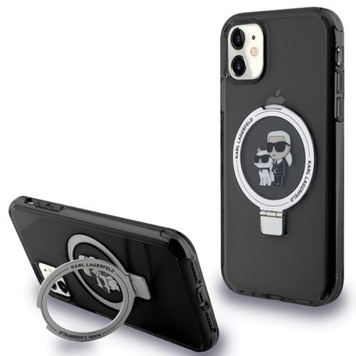 Karl Lagerfeld KLHMN61HMRSKCK iPhone 11 6.1" fekete keménytok gyűrűs állvány Karl&Choupettte MagSafe
