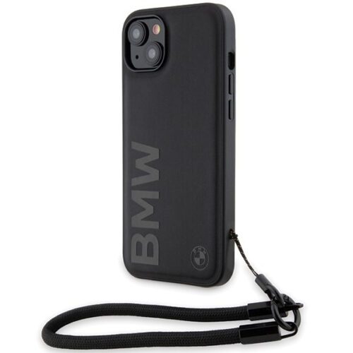 BMW BMHCP15M23RMRLK iPhone 15 Plus 6.7" fekete keménytok Signature Leather Wordmark zsinór