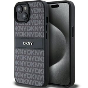 DKNY DKHCP15MPRTHSLK Leather Mono Stripe & Metal Logo tok iPhone 15 Plus - fekete