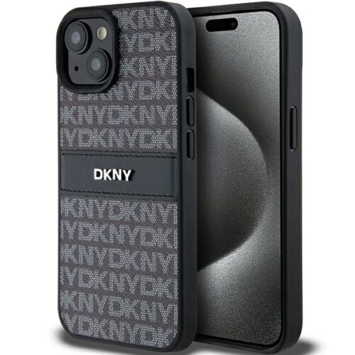DKNY DKHCP15MPRTHSLK Leather Mono Stripe & Metal Logo tok iPhone 15 Plus - fekete