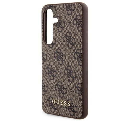 GUESS 4G METAL GOLD LOGO műanyag telefonvédő (textil hátlap) SÖTÉTBARNA Samsung Galaxy S24 (SM-S921)