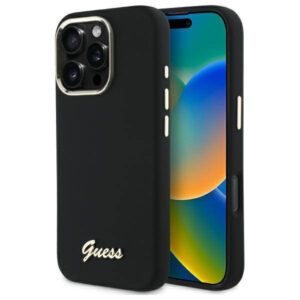 Guess GUHCP16LSMBSLK iPhone 16 Pro 6.3" fekete keménytok szilikon script fém logó és keret