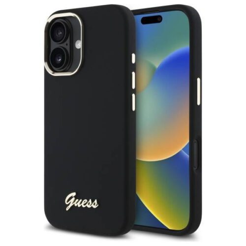 Guess GUHCP16SSMBSLK iPhone 16 6.1" fekete keménytok szilikon script fém logó és keret