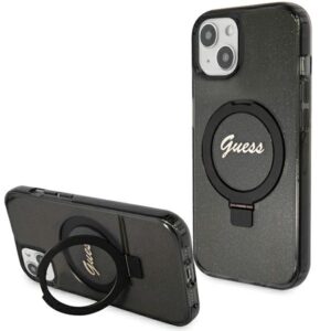 Guess GUHMP15MHRSGSK iPhone 15 Plus 6.7" fekete keménytok gyűrűs állvány Script Glitter MagSafe