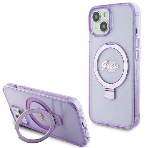 Guess GUHMP15MHRSGSU iPhone 15 Plus 6.7" lila keménytok gyűrűs állvány Script Glitter MagSafe