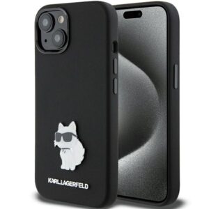 Karl Lagerfeld KLHCP15MSMHCNPK iPhone 15 Plus 6.7" fekete szilikon Choupette fém kitűzős tok