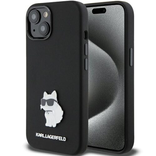 Karl Lagerfeld KLHCP15MSMHCNPK iPhone 15 Plus 6.7" fekete szilikon Choupette fém kitűzős tok
