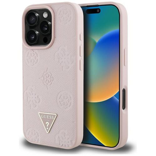Guess GUHMP16LPGBTMP Grained Hot Stamp Peony Triangle Logo MagSafe-kompatibilis tok iPhone 16 Pro - rózsaszín