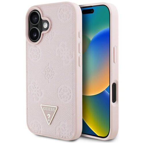 Guess GUHMP16SPGBTMP Grained Hot Stamp Peony Triangle Logo MagSafe-kompatibilis tok iPhone 16 - rózsaszín