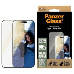 PanzerGlass EyeCare tükröződésmentes kékfény szűrős edzett üveg fekete szegéllyel iPhone 16 Pro