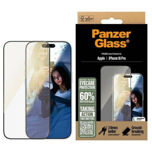 PanzerGlass EyeCare tükröződésmentes kékfény szűrős edzett üveg fekete szegéllyel iPhone 16 Pro