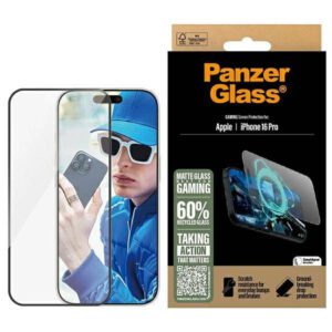 PanzerGlass Gaming matt edzett üveg fekete szegéllyel felhelyezést segítő kerettel iPhone 16 Pro