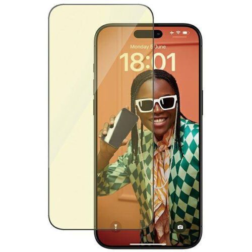 PanzerGlass Ultra-Wide Fit tükröződésmentes kékfény szűrős edzett üveg fekete szegéllyel felhelyezést segítő kerettel iPhone 15 Pro Max