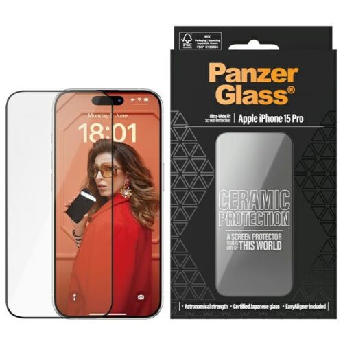 PanzerGlass Ceramic Protection kerámiaüveg fekete szegéllyel felhelyezést segítő kerettel iPhone 15 Pro