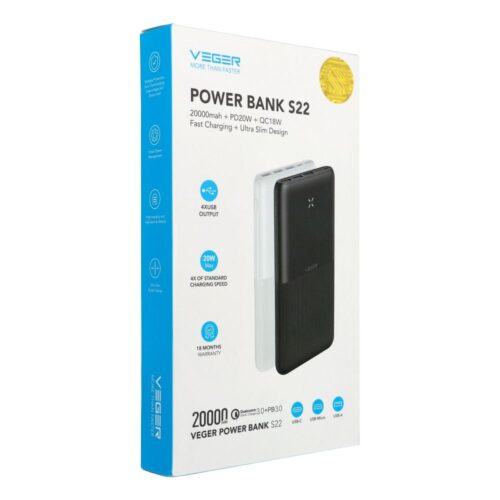 Veger W2060 powerbank 20000mAh 20W 3A QC3.0 PD - fekete - Image 2