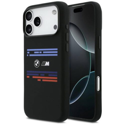 BMW M szilikon vízszintes vonalú MagSafe tok iPhone 17 Pro Max-hoz Fekete