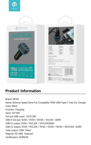 Devia EA361 Extrem Speed 2xPD + QC 3.0 115W Autós Töltőfej- Fekete - Image 2