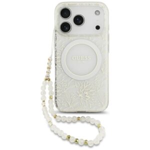 Guess IML Virágok Electro Pearl Strap MagSafe tok iPhone 17 Pro Fehér