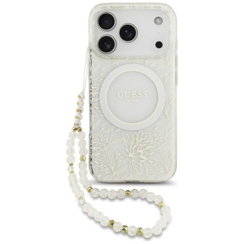 Guess IML Virágok Electro Pearl Strap MagSafe tok iPhone 17 Pro Fehér