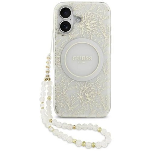 Guess IML Virágok Electro Pearl Strap MagSafe tok iPhone 17-hez fehér
