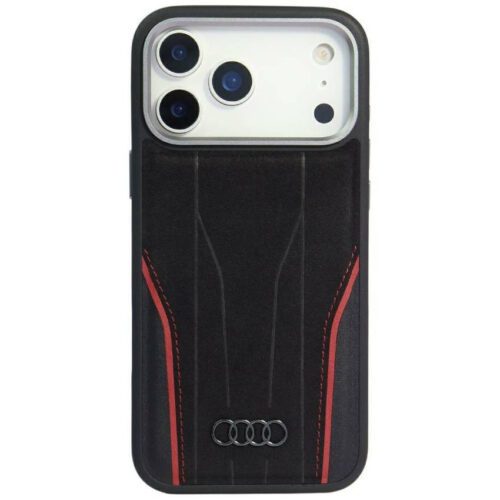Audi R8 tok valódi bőr MagSafe iPhone 17 Pro Max készülékhez fekete-piros